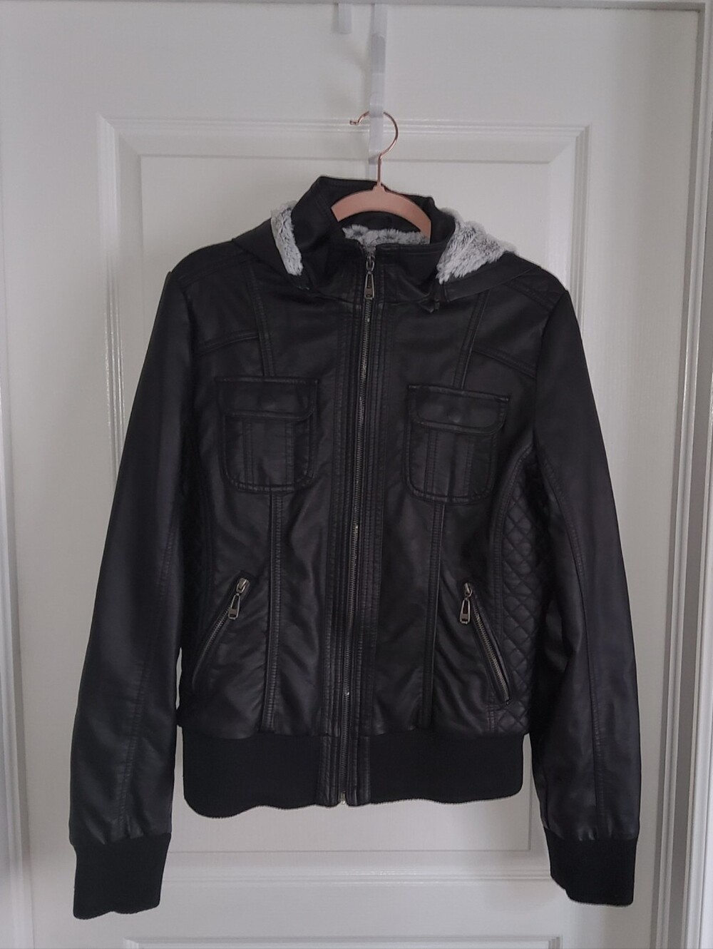 YMI Black Faux Leather Bomber Jacket Fur Lined Hood